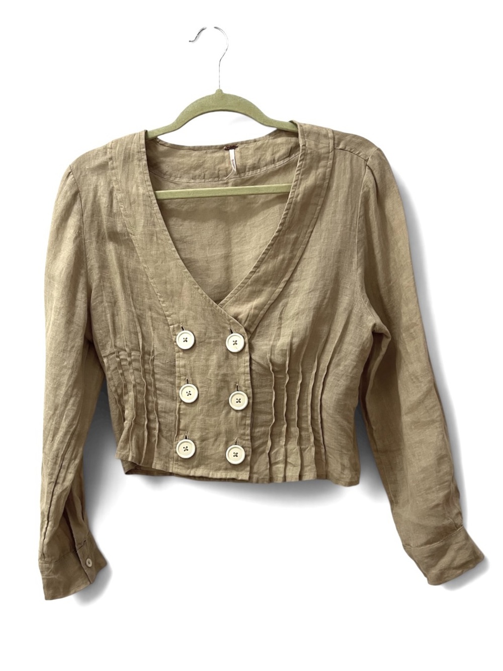 Free People All The Feels Linen Double Breasted Pintuck Long Sleeve Crop Top S